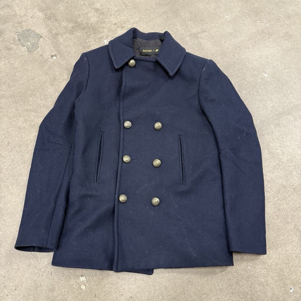 Balmain X H&M Wool Pea Coat Size US42R Black Double Breasted Gold Buttons Army
